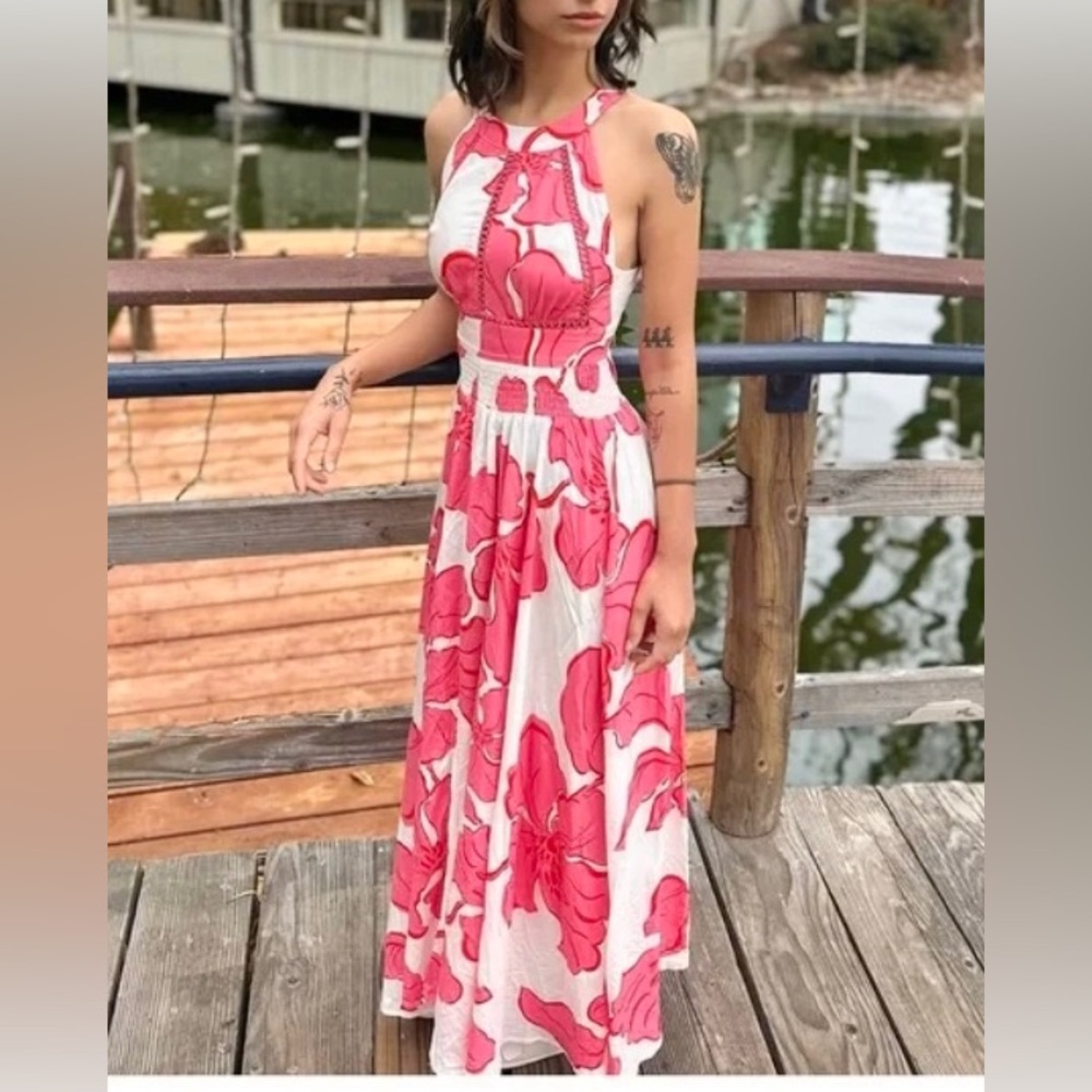 Anthropologie Abel The Label ATL Paloma Pink White Floral Open Back Dress Size M - Picture 10 of 10